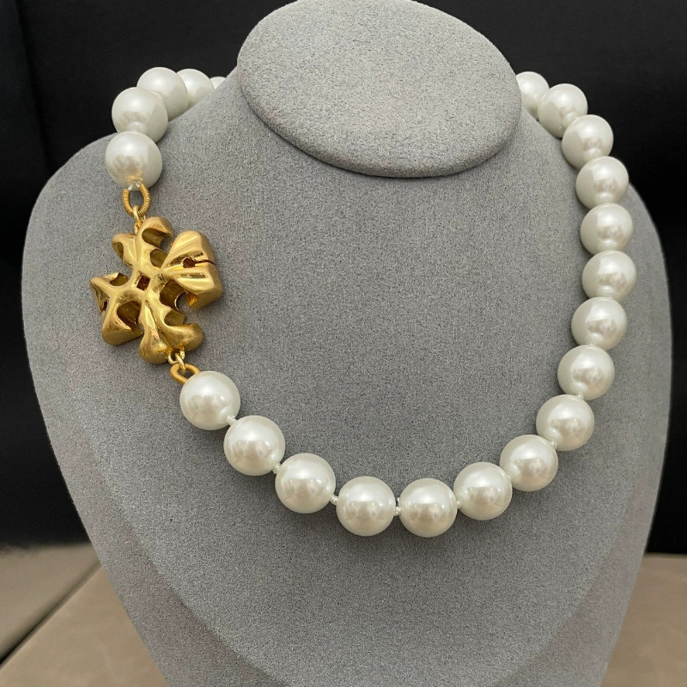 Tory Burch Gold Plated Matte Double Pearl Faux Pearl Letter Choker